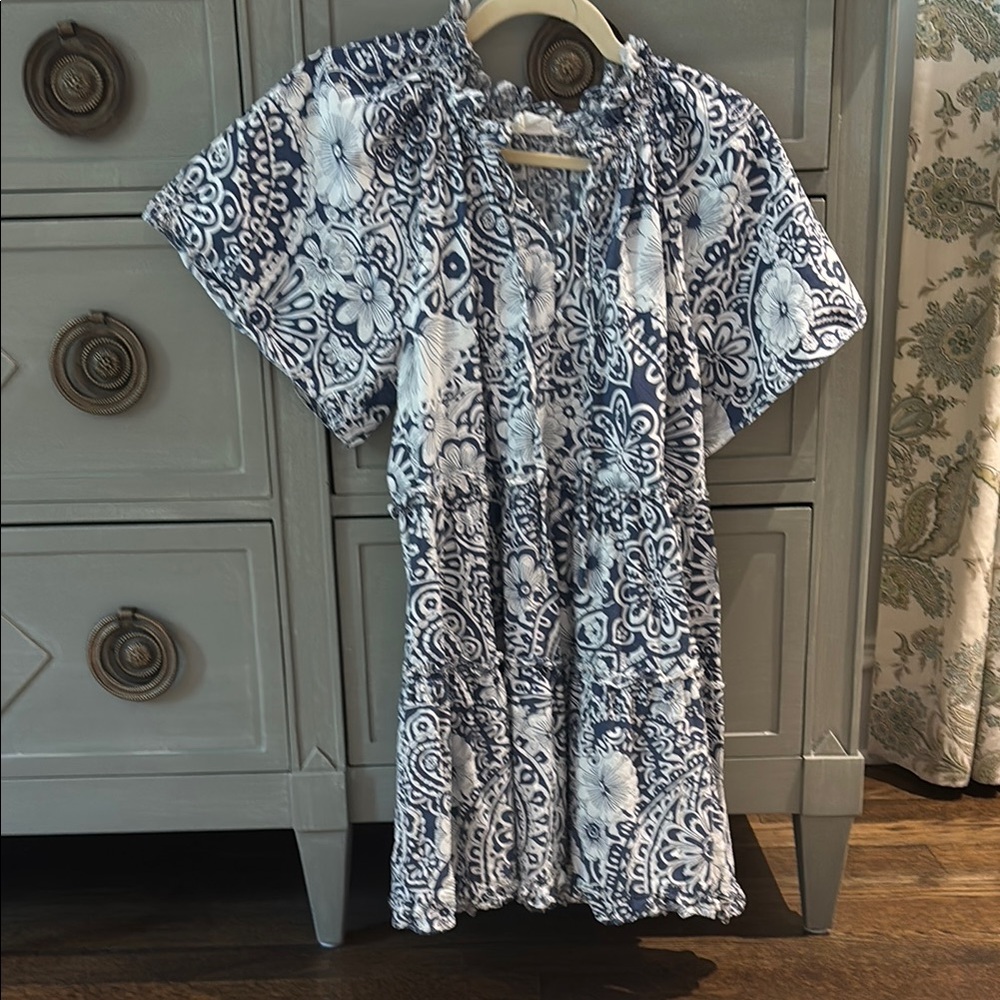 Blue Floral Print Mini Dress, Women's Casual Summer Dress